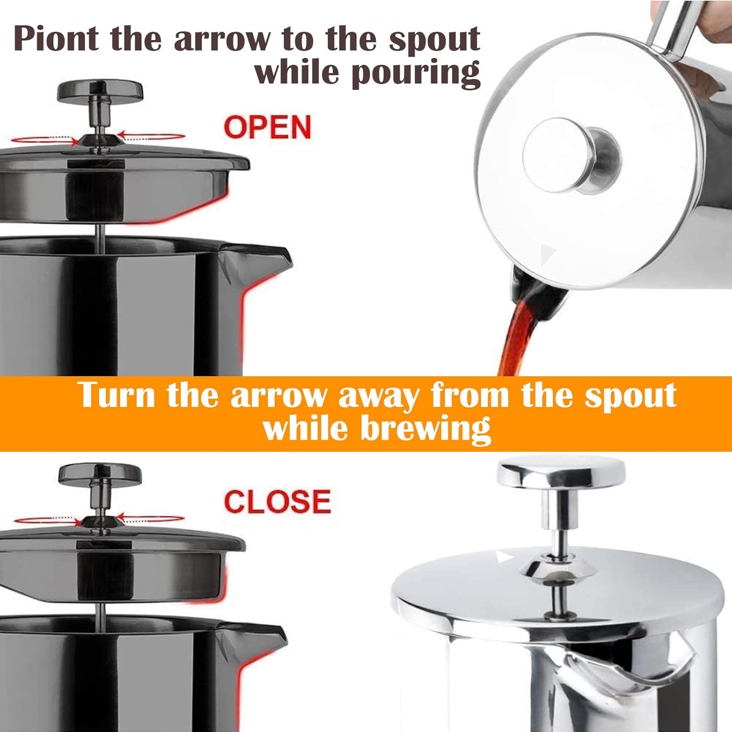 French Press Coffee Maker, Double Insulated 304 Stainless Steel Coffee Tea Maker 4 Level Filtration System, No Coffee Grounds, Rust-Free, Dishwasher Safe, 1000ml