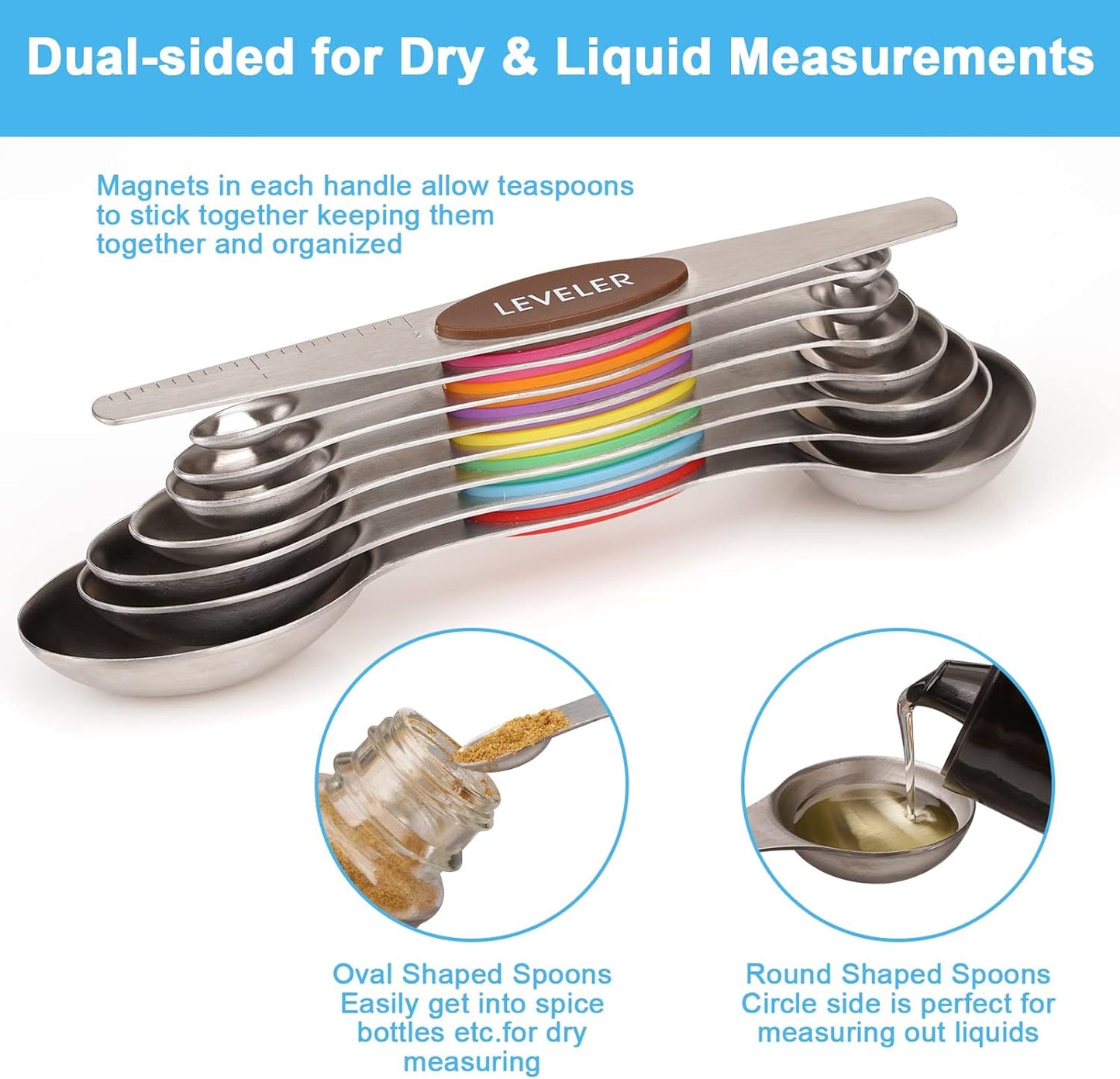 Aovchei 8 PCS Magnetic Measuring Spoons Set, Dual Sided, Stainless Steel Small Tablespoon, Teaspoons, Fits in Spice Jars, for Dry and Liquid, Multi-Color