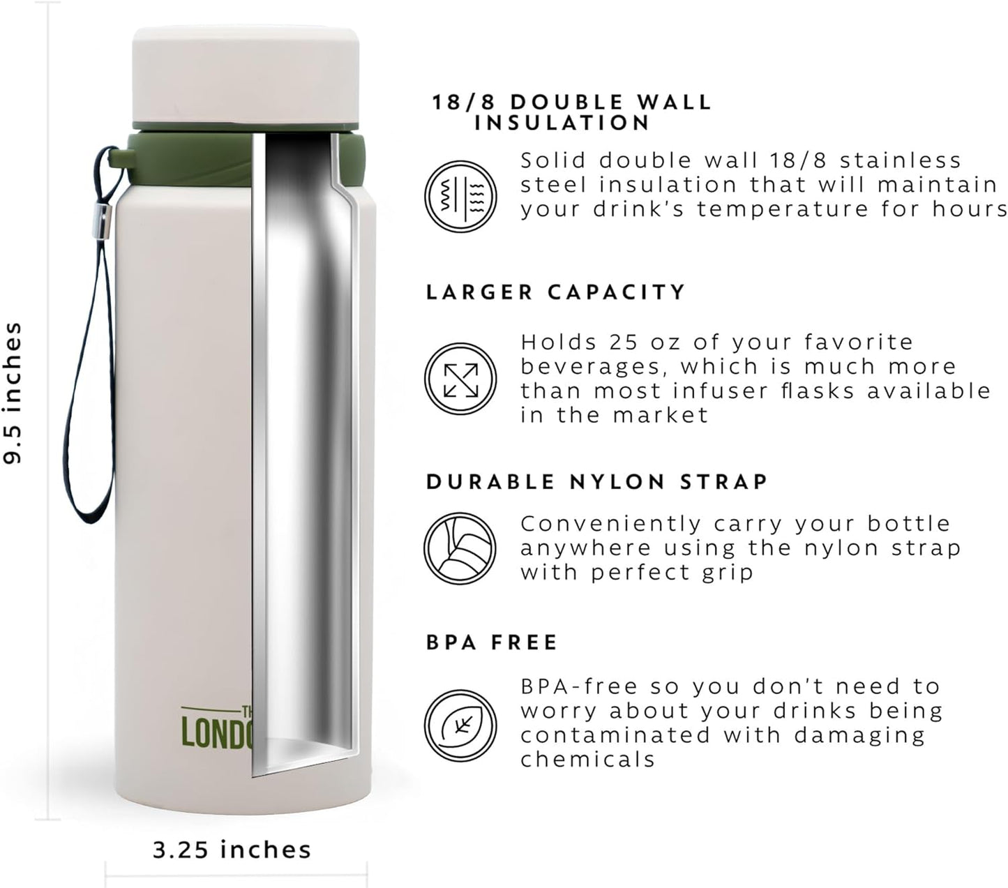 London Sip 25 oz Multi-Purpose Tea Infuser Mug – Fruit Infuser Water Bottle for Hot and Cold – Double Wall Stainless Steel Insulated, Safari Beige