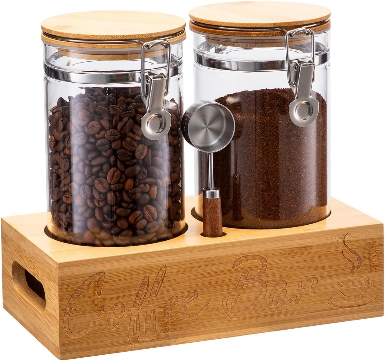 Coffee Canister Set with Shelf, 2 x 50oz Coffee Bean Canister Storage Station Organizer with Airtight Lid for Kitchen, Food Storage with Scoop for Ground, Sugar, Cereal and Tea