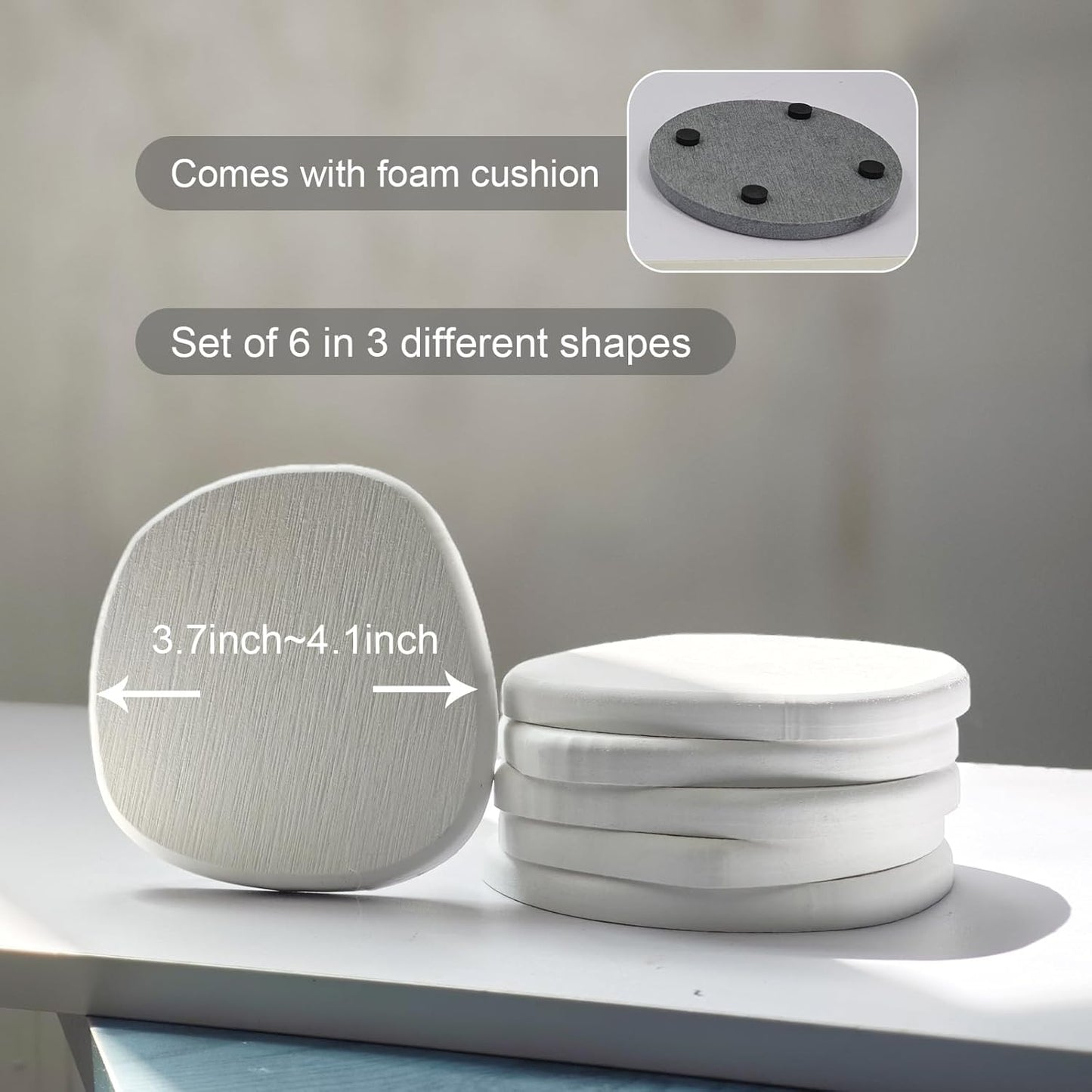 Instant Dry Stone Absorbent Diatomite Coaster Set of 6 for Drinks Wine Coffee, Modern Unique Cup Diatomaceous Earth Coasters for Coffee Table Office Desk, White