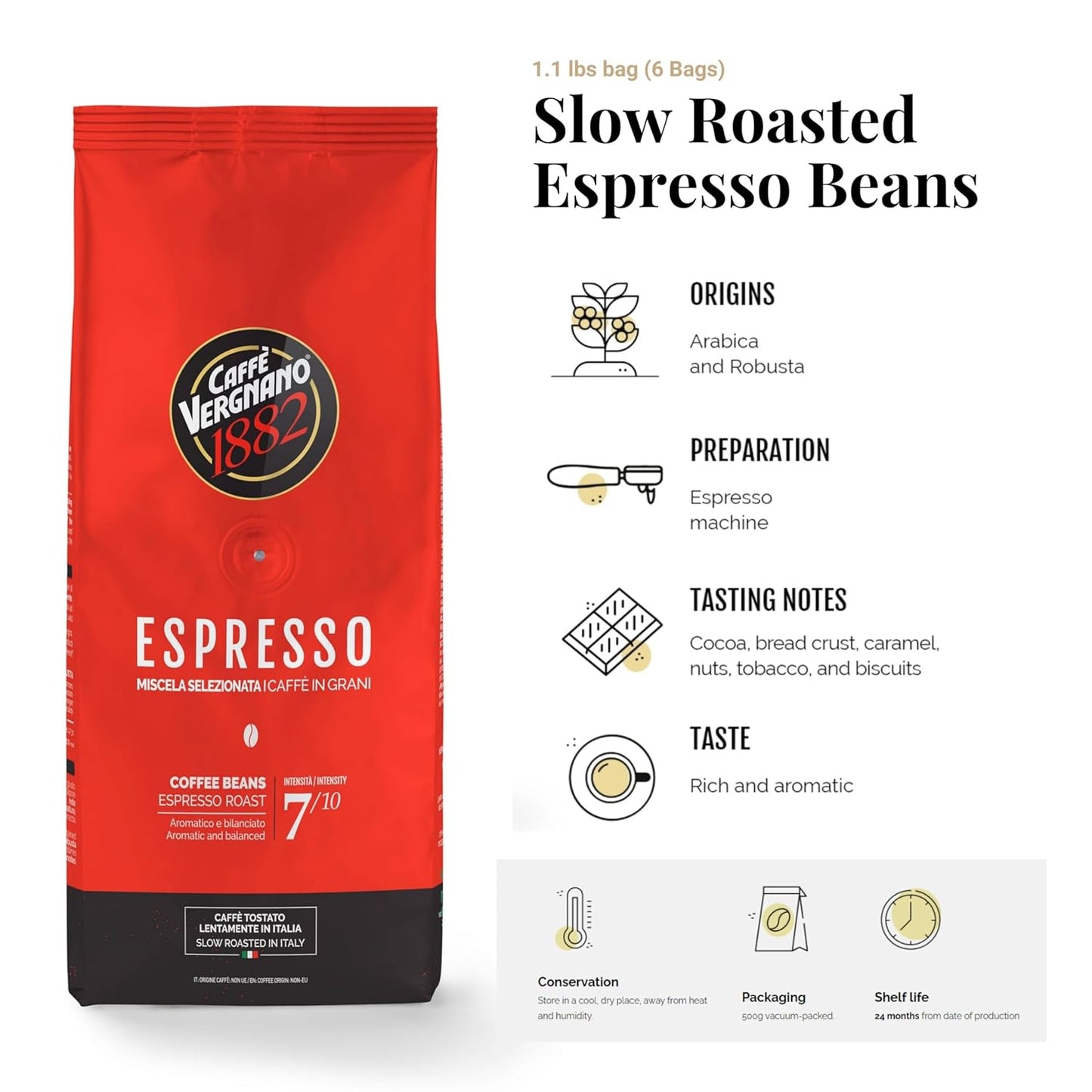 Caffe Vergnano 1882 Espresso Whole Bean Arabica Roast Coffee, 1.1 lb bag - Italian Medium Roast Coffee Beans with notes of Chocolate, Nuts & Caramel, Intensity 7/10-500g Bag (6 Pack)