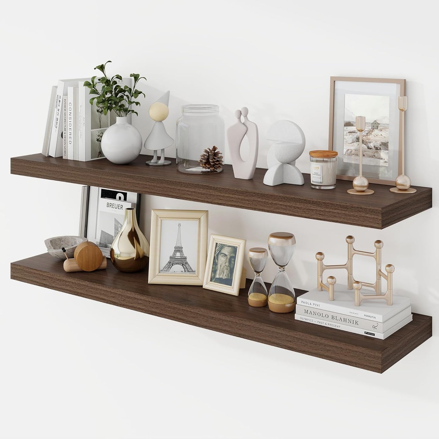 40 Inch Floating Shelves, 9.3" Deep Floating Shelf Wall Mounted, 40" Wall Shelves, Rustic Deep Bookshelf, Large Display Shelves & Storage Shelves for Bedroom, Living Room, Walnut, Set of 2