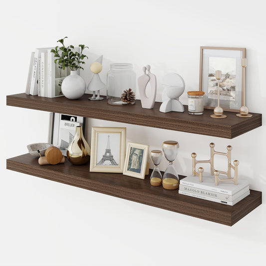 40 Inch Floating Shelves, 9.3" Deep Floating Shelf Wall Mounted, 40" Wall Shelves, Rustic Deep Bookshelf, Large Display Shelves & Storage Shelves for Bedroom, Living Room, Walnut, Set of 2