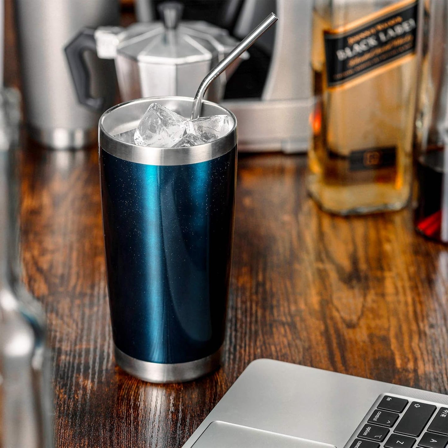 COMOOO 20oz Double Wall Vacuum Insulated Travel Mug, Stainless Steel Tumbler with Lid and Straw Durable Powder Coated Insulated Coffee Cup for Cold & Hot Drinks (Peacock blue, 4)