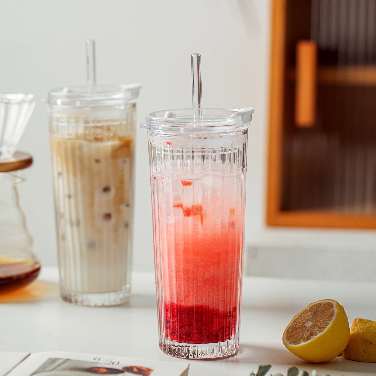 KEMORELA Ribbed Glass Tumbler with Straw and Lid – 18oz Durable Leak-Proof Drinking Cup for Hot and Cold Beverages – Stylish Design, Ideal for Iced Coffee, Smoothies, and More (2PCS-A)