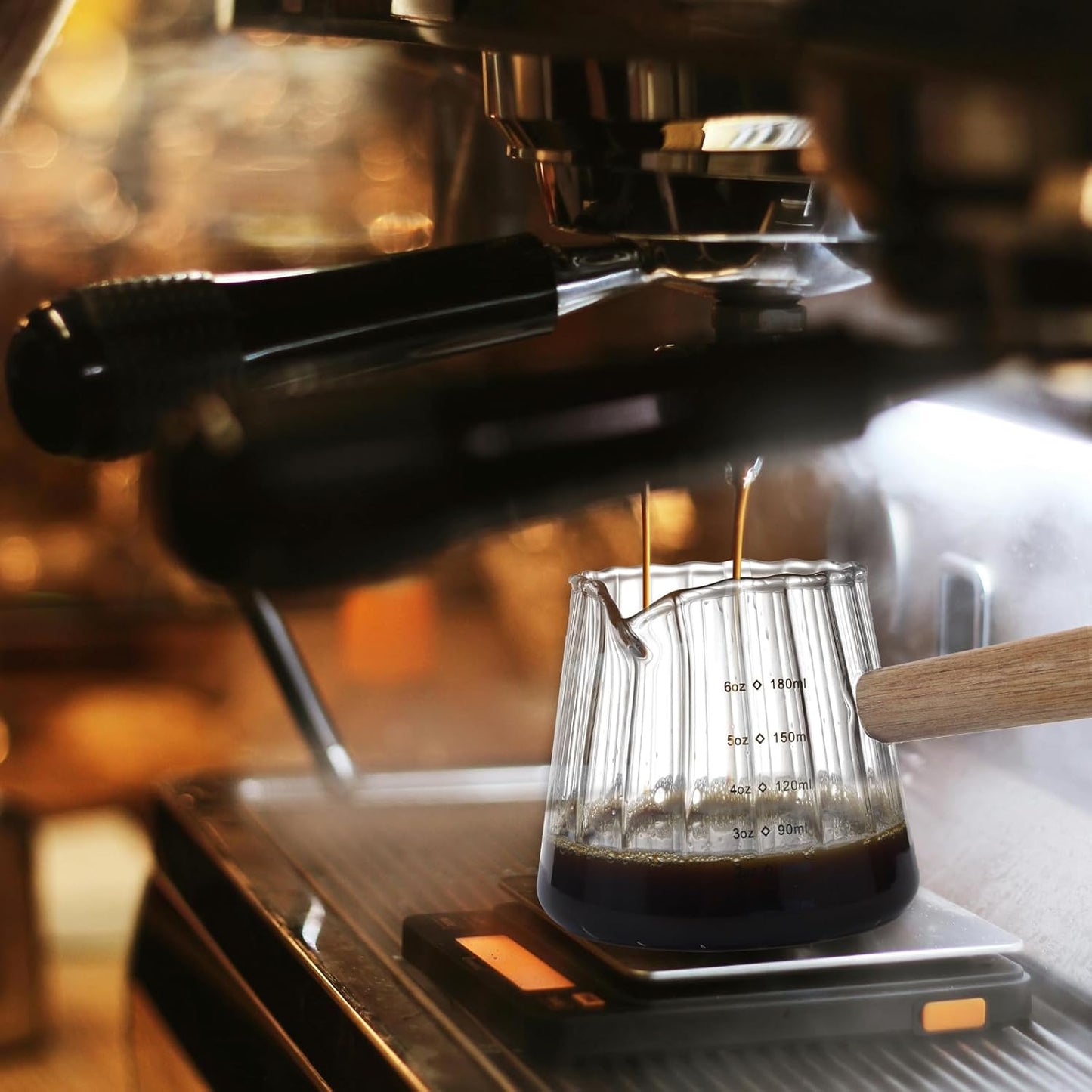 Espresso Measuring Cup 6 Oz, Espresso Glass Cups with Wood Handle, Milk Frothing Cup, Espresso Cup for Coffee, Milk, Tea or Maple Syrup Serving