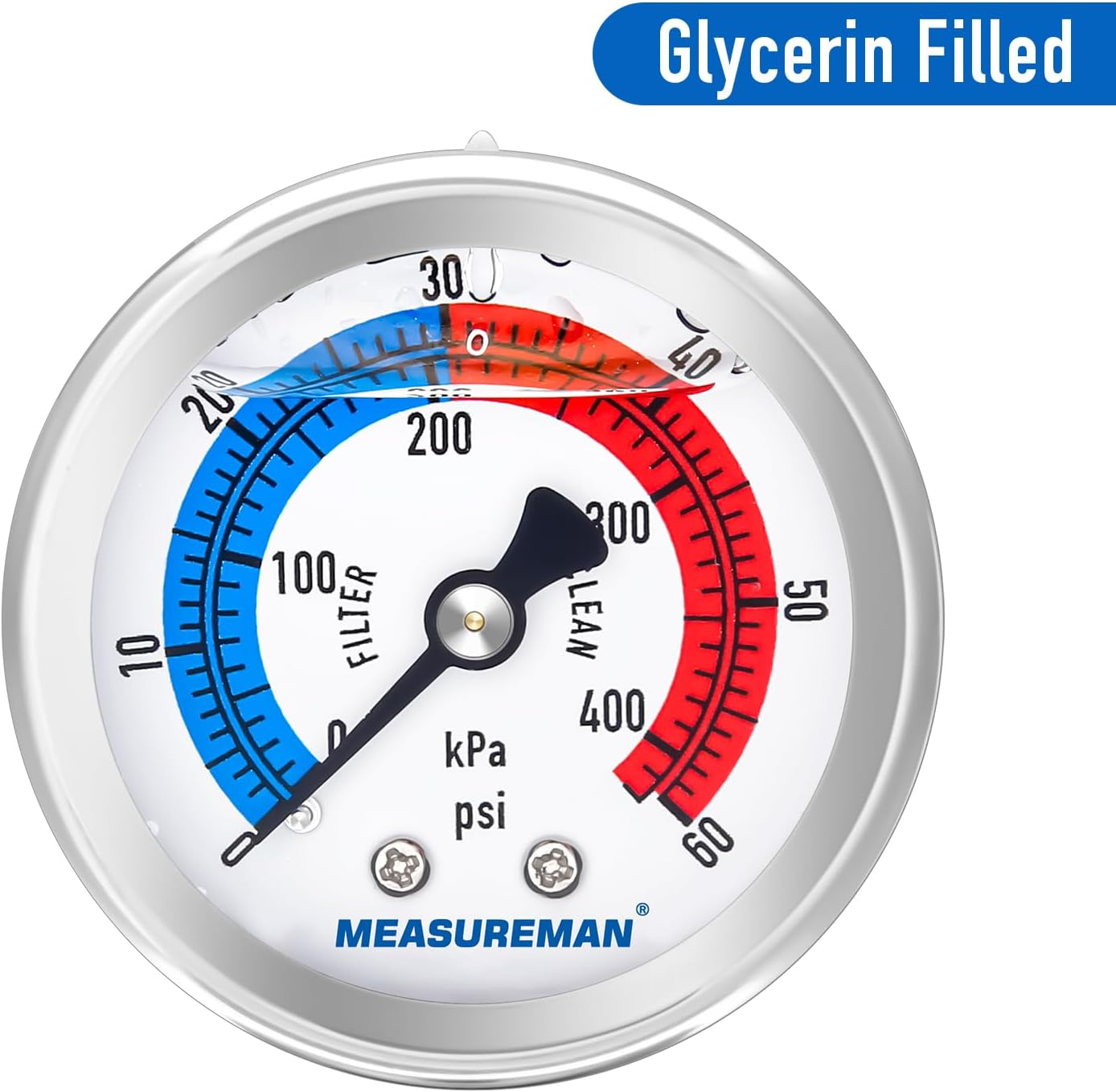 MEASUREMAN 2" Dial Size, Liquid Filled Pool Filter Pressure Gauge, 304 Stainless Steel Case, 0-60psi/420kpa,1/4" NPT Center Back Mount