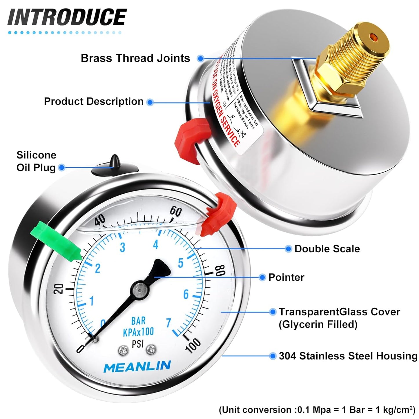 MEANLIN MEASURE 0~100Psi Liquid Filled Pressure Gauge 1/4" NPT 2.5" FACE DIAL Stainless Steel Glycerin Filled WOG Water Oil Air Back Mount (with 2PCS Snaps)