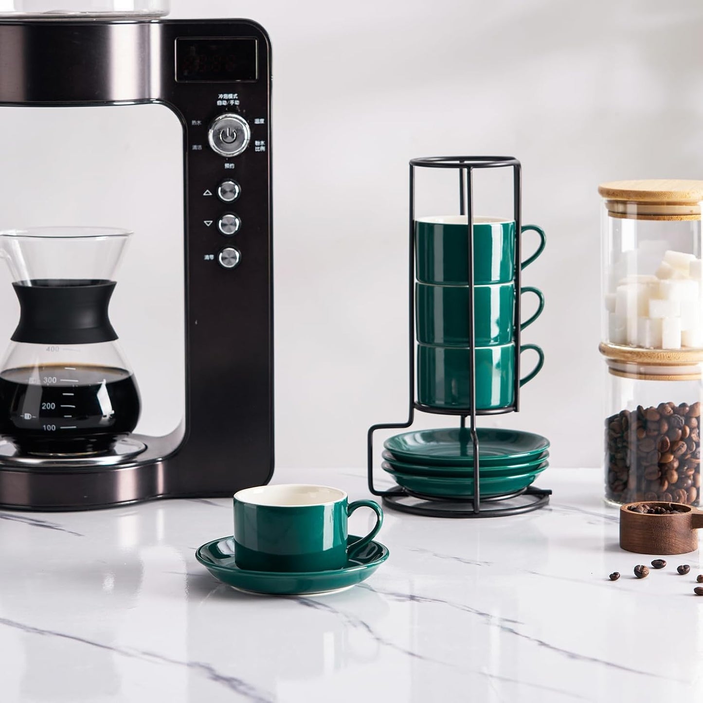 8oz Porcelain Stackable Cappuccino Cups with Saucers and Metal Stand Set of 4, Coffee Cups for Espresso, Specialty Coffee Drinks, Latte, Americano and Tea - Green