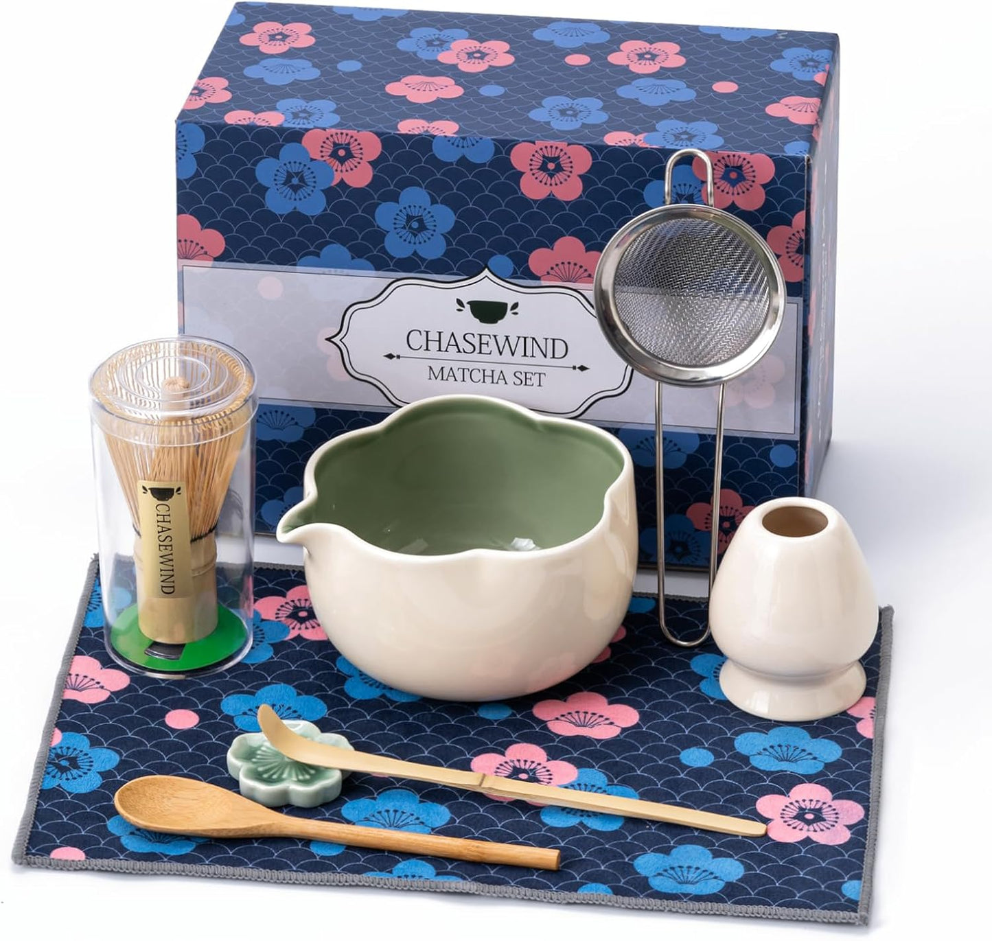 Matcha Set, 8Pcs Floral Ceramic Matcha Set with Matcha Whisk, Holder, Scoop, Scoop Rest, Sifter, Spoon and Tea Towel - Thoughtful Matcha Whisk Set Gift for Matcha Lovers (Beige & Green)