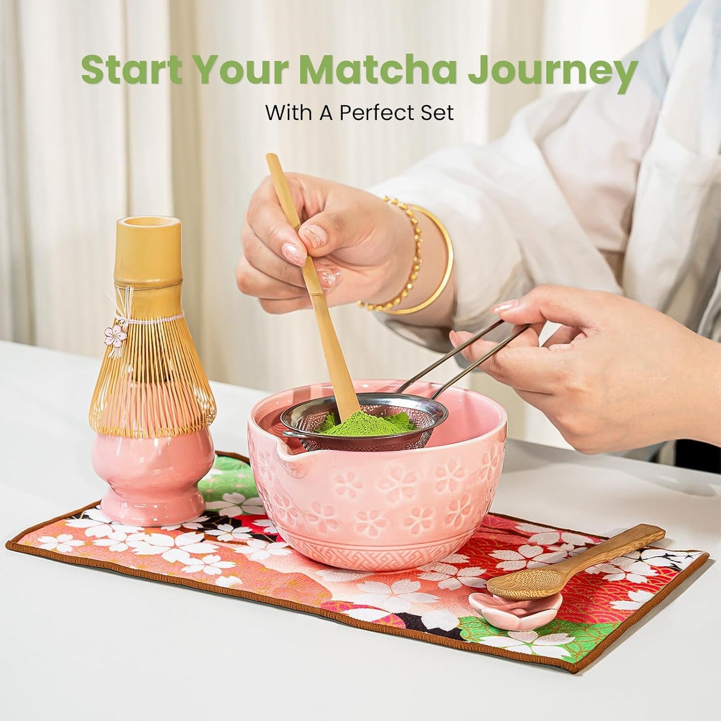 Matcha Whisk Set, Ceramic Matcha Set Includes Matcha Bowl, Whisk & Holder, Scoop, Sifter, Spoon, Scoop Rest, Tea Mat, Hand Book - 9 Pcs Kit for Matcha Lovers (Pink)