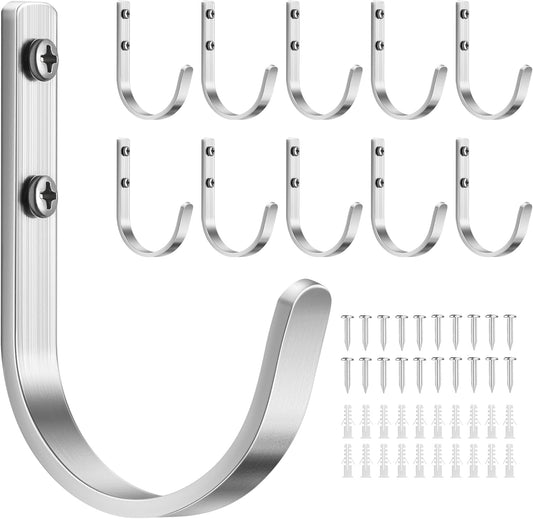10-Pack Wall Hooks for Hanging Towel/Coat - 22LB Screw in Metal Hanger Wall Mount, for Outdoor, Closet, Door, Bathrooms, for Backpack, Robe, Silver