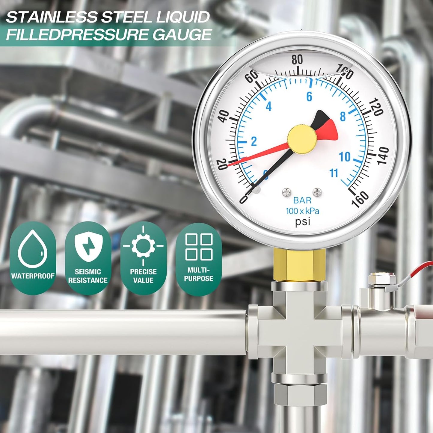 0-160PSI Stainless Steel with Reset Pointer Liquid Filled Pressure Gauge, 2.5" Dial Size, 1/4" NPT Lower Mount, for Tube, Water Pump, Gas, Liquid, Pressure Test