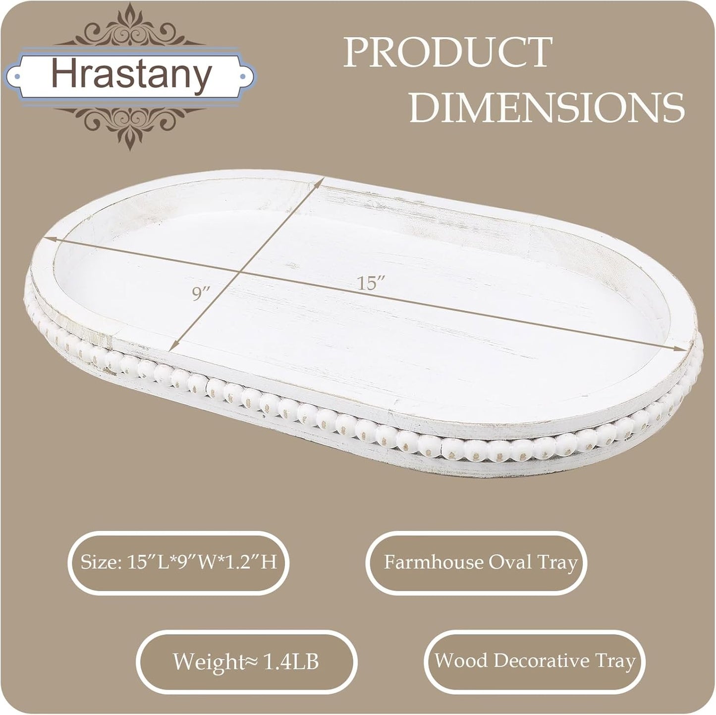 Oval Wood Serving Tray with Wooden Beads, Outdoor Farmhouse Decorative Tray for Ottoman, Coffee Table, Kitchen Counter Organizer, Home Decor(Whitewashed)