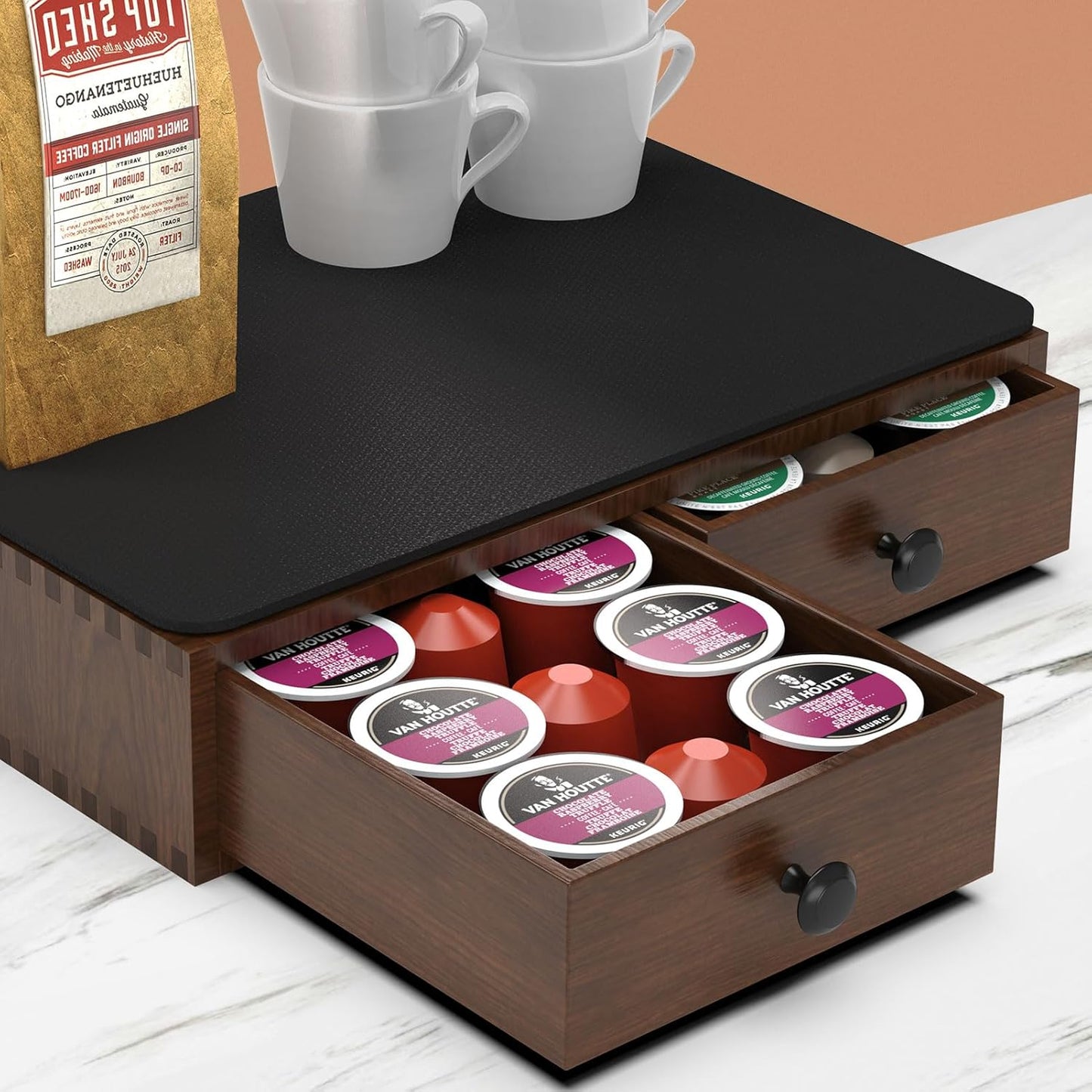 K Cup Holder, Wooden K Cup Organizer Box for Counter, Tea and Coffee Pod Storage Drawer Coffee Maker Stand, 30 Pod Capacity, Walnut Black