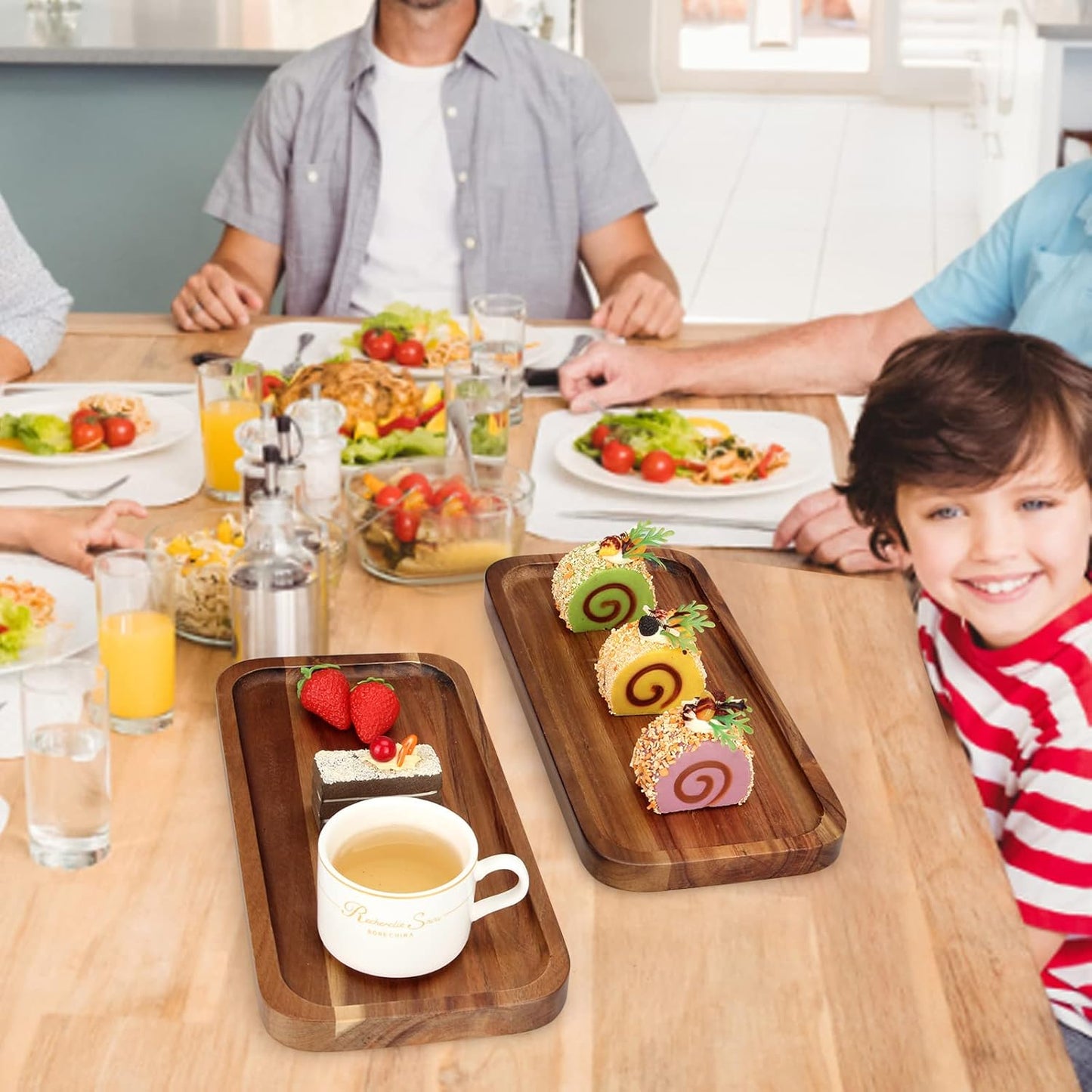 2 Pcs Rectangular Wooden Platters for Food Party Decorative Small Serving Tray Long Charcuterie Board Acacia Wood Trays Home Decor Cheese Board Rectangle Cake Dessert Plates Snack Appetizer Platter