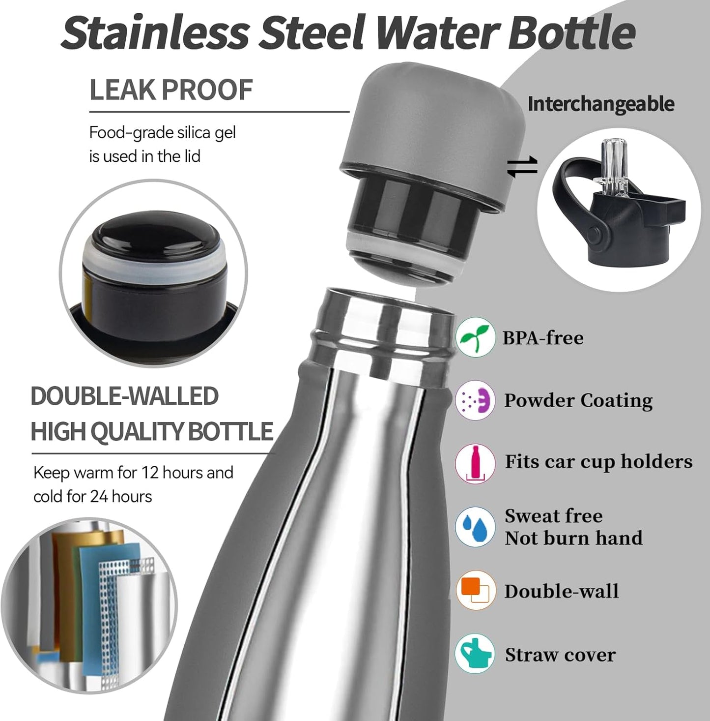 Insulated Water Bottle, 2 Pack-12oz Stainless Steel Water Bottles with straw lid, Metal Sports Water Bottles for Boys,Girls, Double Wall Vacuum BPA-Free Flask for Sports (Grey&Cream white)