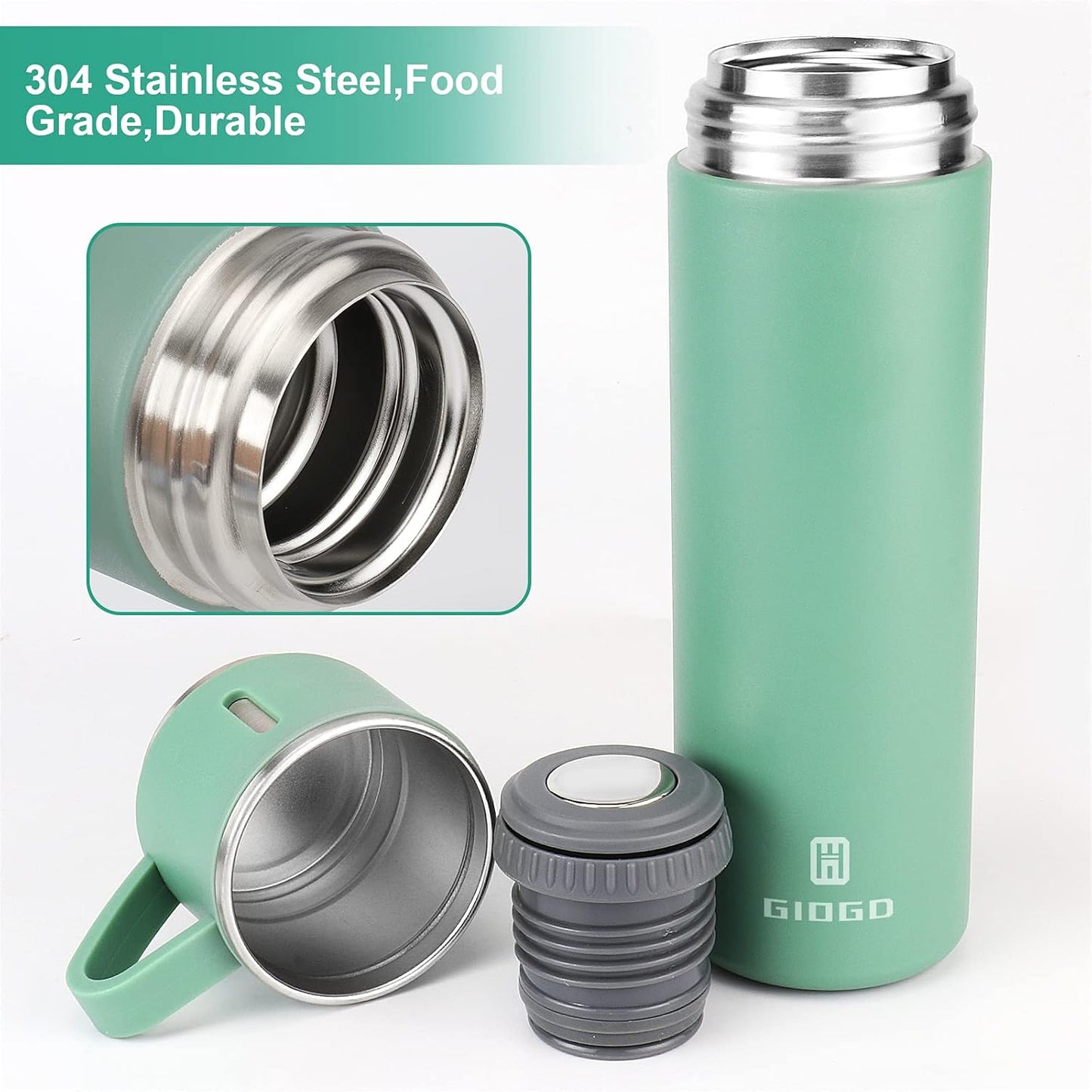 Stainless Steel Thermo 500ml/16.9oz Vacuum Insulated Bottle with Cup for Coffee Hot drink and Cold drink water flask.(Green,Set)