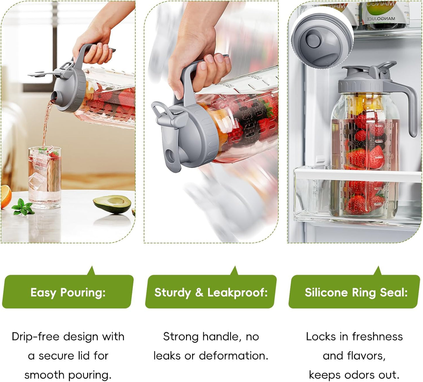 Fruit Infuser Water Pitcher,Glass Mason Jar Pitcher,64oz(2 Quart) Wide Mouth Jug with Pour Spout Handle Lid for Fruit Drinks,Cold Brew Coffee,Ice Beverage,Iced Juice,Lemonade,Sun Tea Container