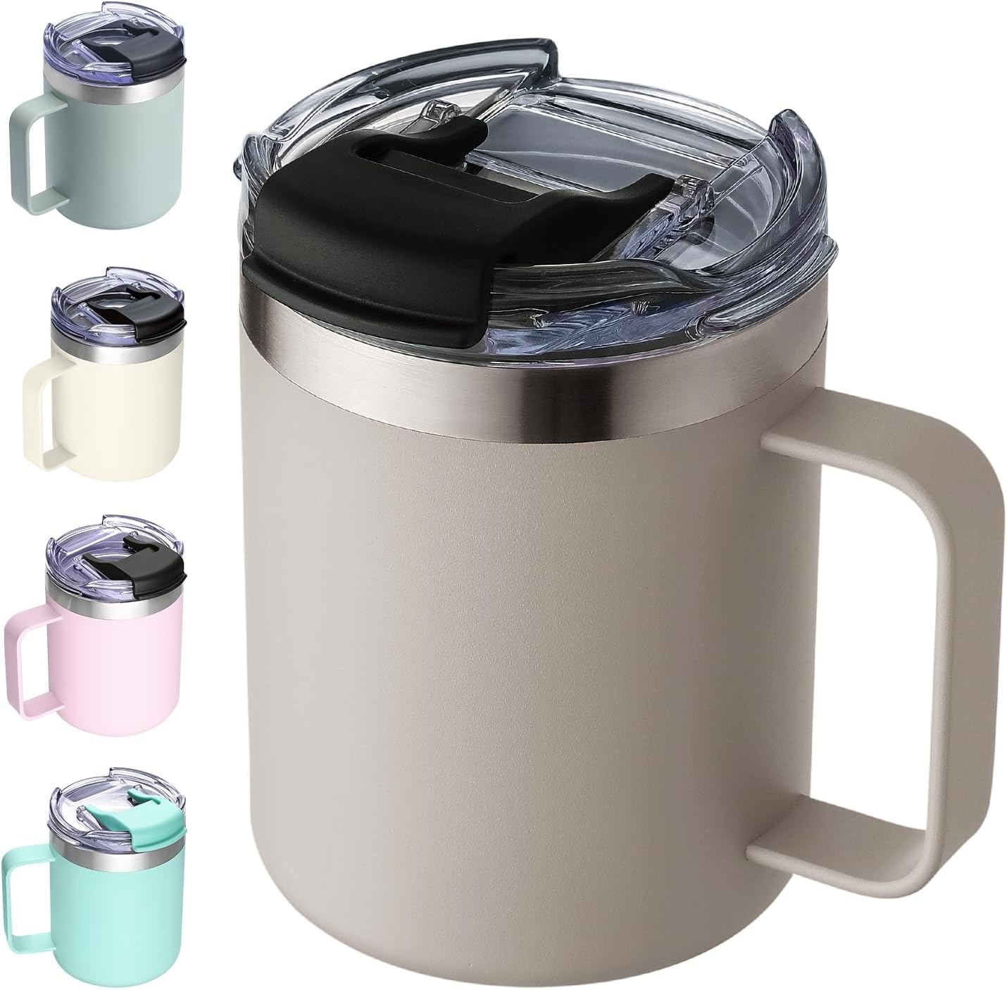 ALOUFEA 12oz Insulated Coffee Mug Cup with Handle, Stainless Steel Travel Coffee Mug with Flip Lid, Double Wall Vacuum Coffee Tumbler,Apricot