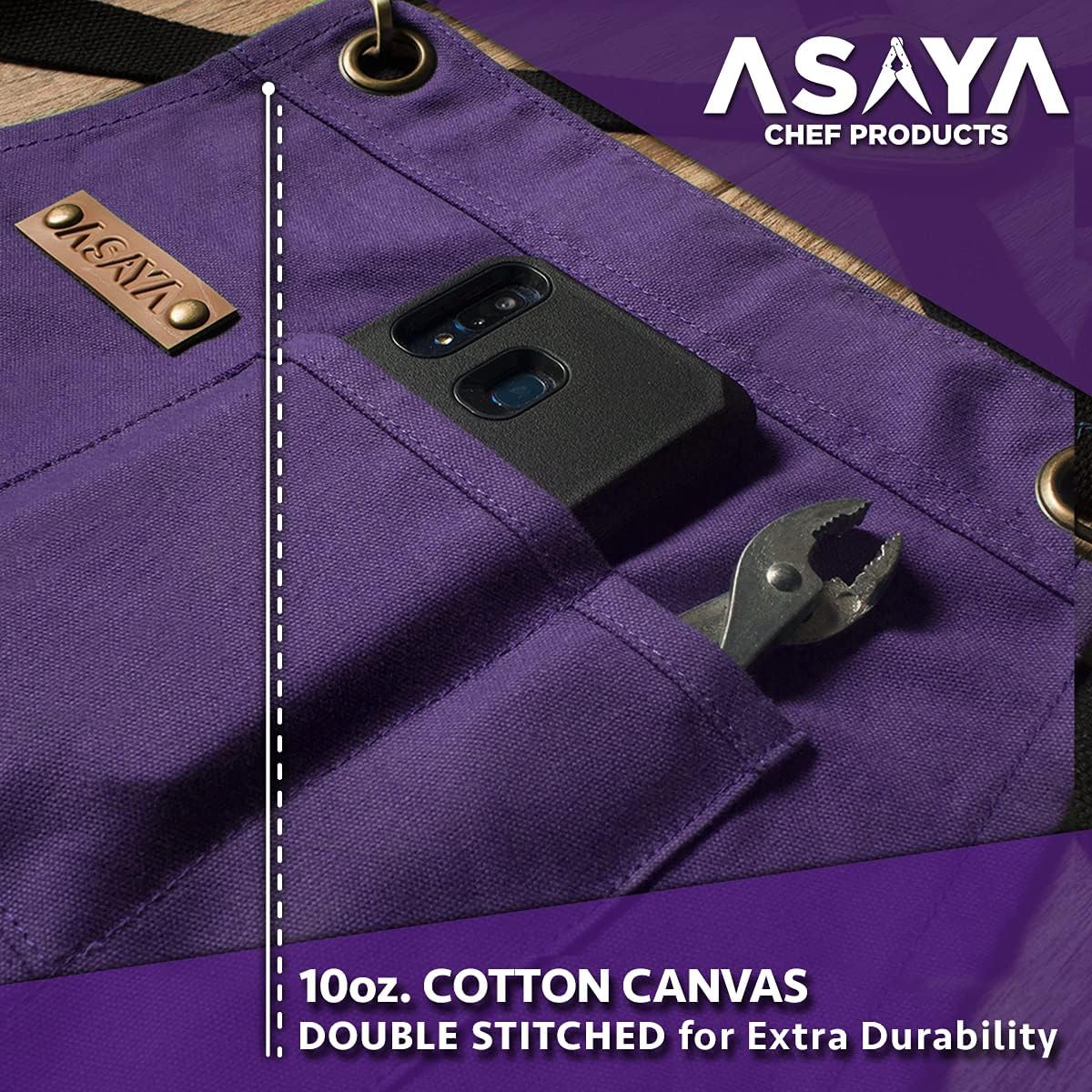 Asaya Chef and BBQ Apron with Bottle Opener and Hand Towel - 10oz Cotton Canvas, Stainless Steel Hardware - Cross Back Straps