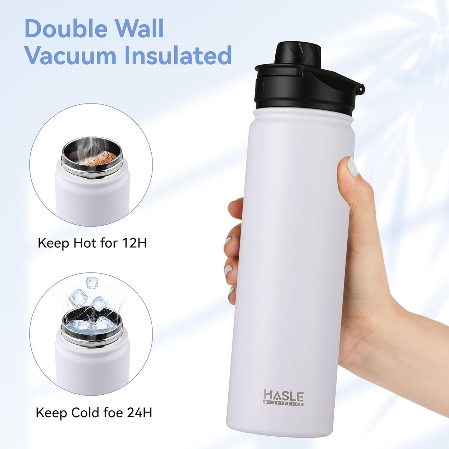 HASLE OUTFITTERS Insulated Water Bottle 22 oz Double Wall Stainless Steel Water Bottle Wide Mouth with Straw Lid & Spout Lid Keeps Cold or Hot(White,8)