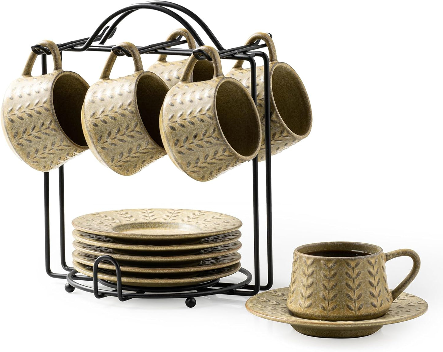 Espresso Cups Set with Saucer and Metal Stand, Porcelain Small Demitasse Cups Cappuccino Cups for Espresso, Latte, Cafe Mocha, Cappuccino, and Tea, 4 oz, Set of 6, Yellow