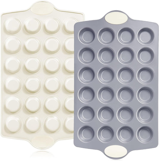 BRONYPRO Ceramic Mini Muffin Pan, 24-Cup Nonstick Aluminized Steel Mini Cupcake Pans, Healthy Non-Toxic Ceramic Coating Muffin Tin, 2 Pack Cup Cake Pans for Baking Cream