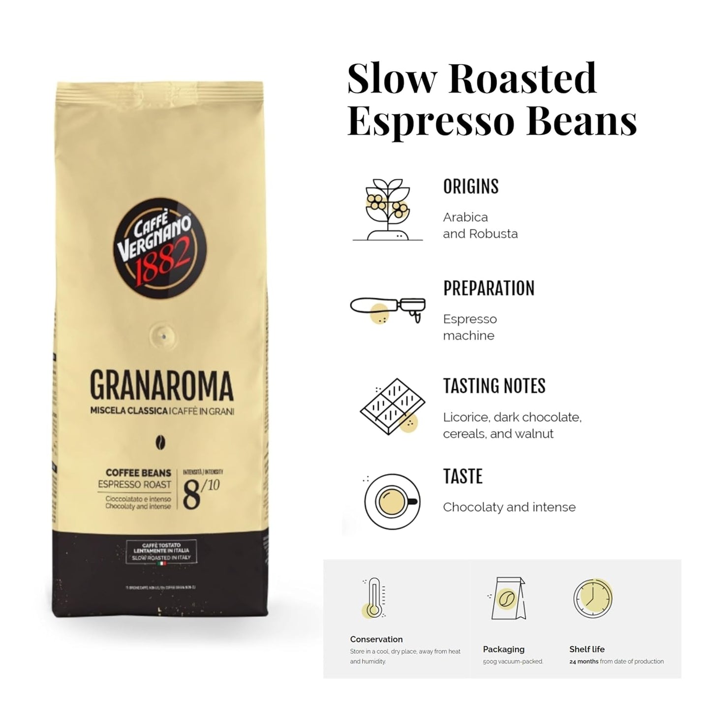 Caffe Vergnano 1882 Gran Aroma Whole Bean Arabica Medium Espresso Roast Coffee, Italian Coffee Beans Notes of Cocoa, Spices and Dried, Intensity 8/10, 3.3 lbs
