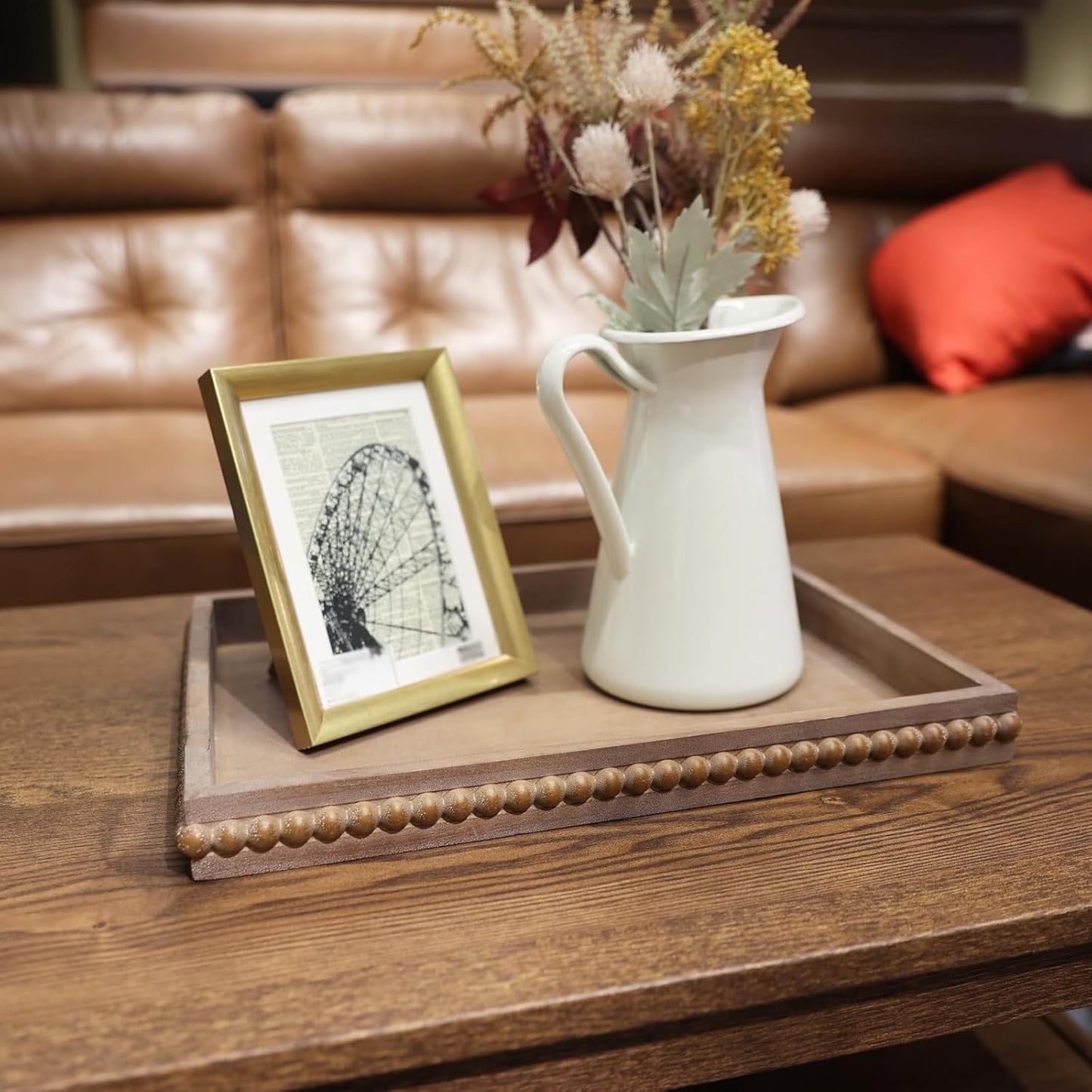 Wood Decorative Tray, Distressed Outdoor Serving Tray with Wooden Bead for Ottoman, Coffee Table, Entertaining, Home Decor, Rectangular 15.7”*11.8”*1.57” (Retro Brown)