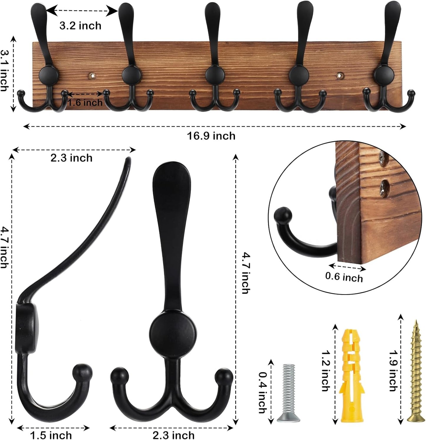 Coat Rack Wall Mount Wooden Hat Rack for Wall Hooks Pine Real Wood Plank 16.9" Brown Coat Hanger with 5 Triple Hooks for Hanging Coat Hat Jacket