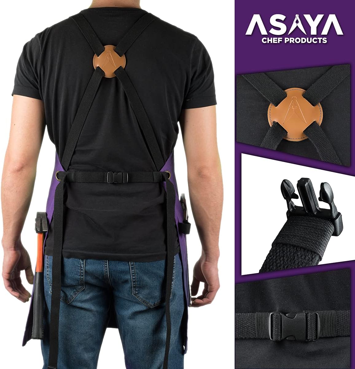 Asaya Chef and BBQ Apron with Bottle Opener and Hand Towel - 10oz Cotton Canvas, Stainless Steel Hardware - Cross Back Straps