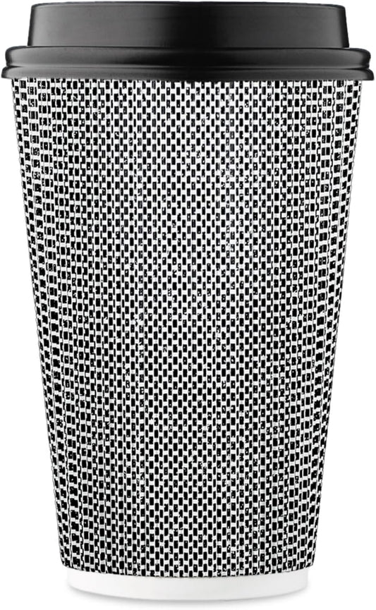 [85 SET]Harvest Pack 16 oz Coffee Cups, Disposable Insulated Coffee Cups, Ripple Double-Walled Paper Cups with Lids, Black and White Geometric, Drinking Cups for Tea Hot Chocolate Drinks To go