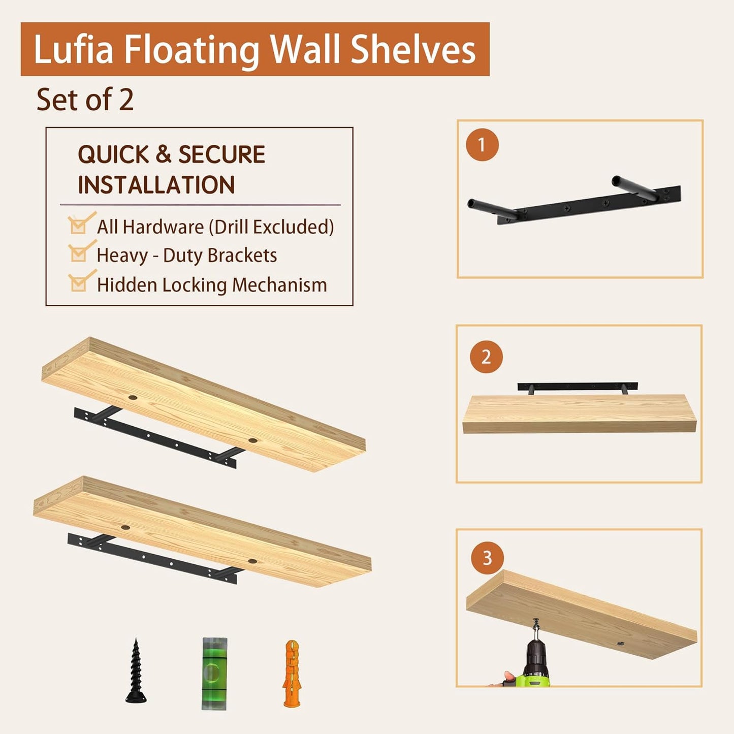 Lufia Floating Wall Shelves, Set of 2, MDF with Invisible Brackets, Modern Storage for Bedroom, Bathroom, Living Room, Kitchen (Oak, 32" W X 7" D X 1.5" H)