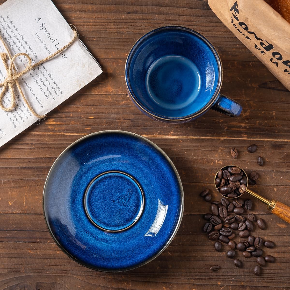 Porcelain Coffee Cup with Saucer Spoon, Vintage Design Ceramic Latte Art Cappuccino Barista Espresso Tea Cup with Saucer (11.6 oz, 350ml, Starry Blue)