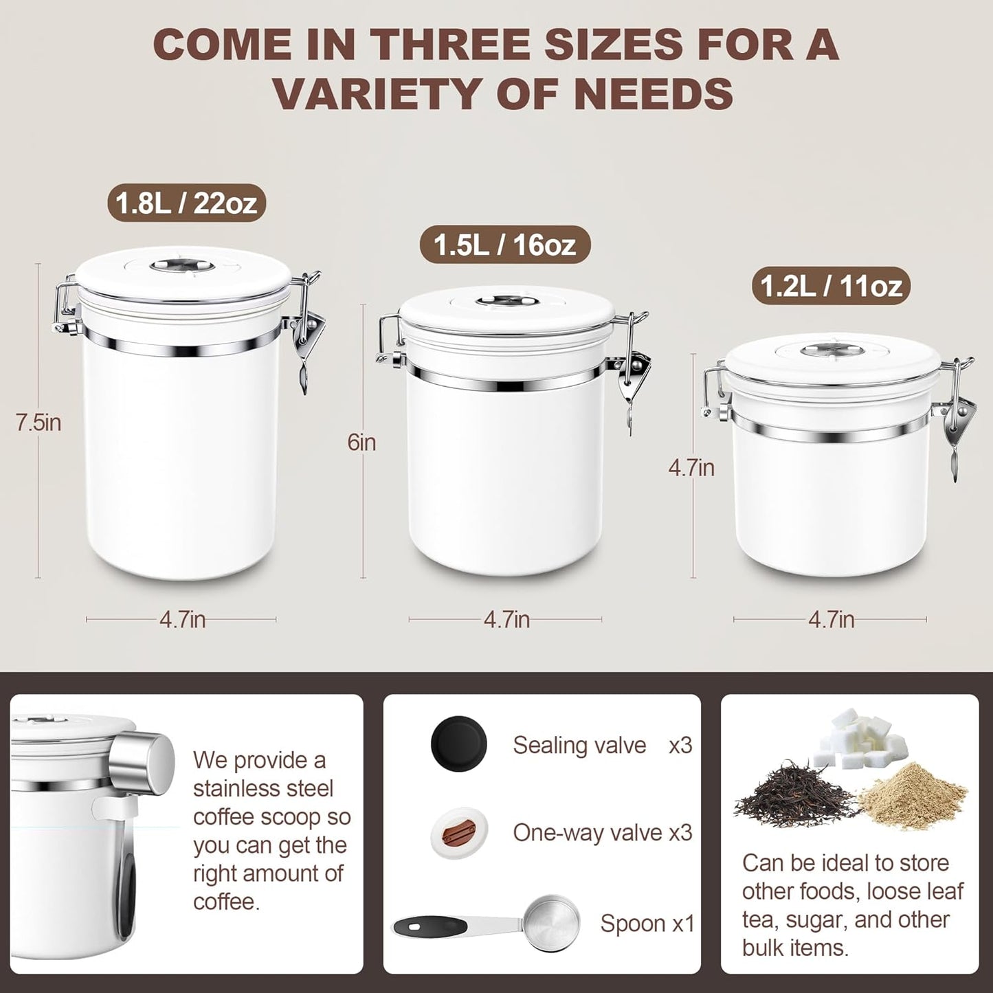 ShanSon Coffee Canister Airtight Stainless Steel Container,Home Kitchen Food Storage Organizers for Beans,Tea,Sugar,cookie,Flour,Cereal,16OZ+22OZ,White
