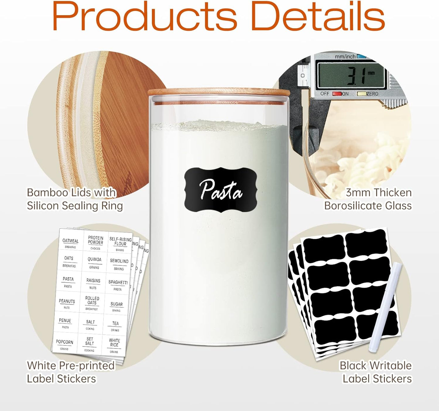 Glass Jars with Bamboo Lids 17 FL OZ [Set of 12], Glass Canisters with Airtight Lids, Glass Food Storage Containers for Spice, Coffee, Sugar, Tea, Candies, Cookies,Best for Kitchen & Pantry