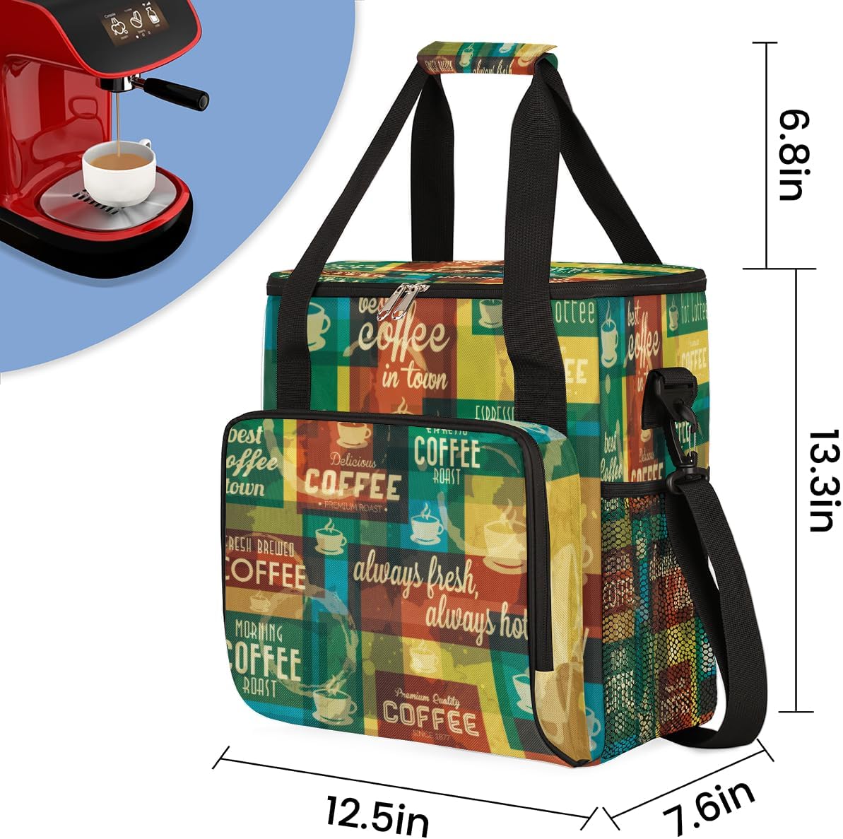 Rainbow Coffee Coffee Maker Carring Bag Coffee Typographic Travel Carrying Storage Tote Bag Compatible with Keurig K-Mini or K-Mini Plus Portable Single Serve Coffee Brewer Case with Pockets for K-cup Pods