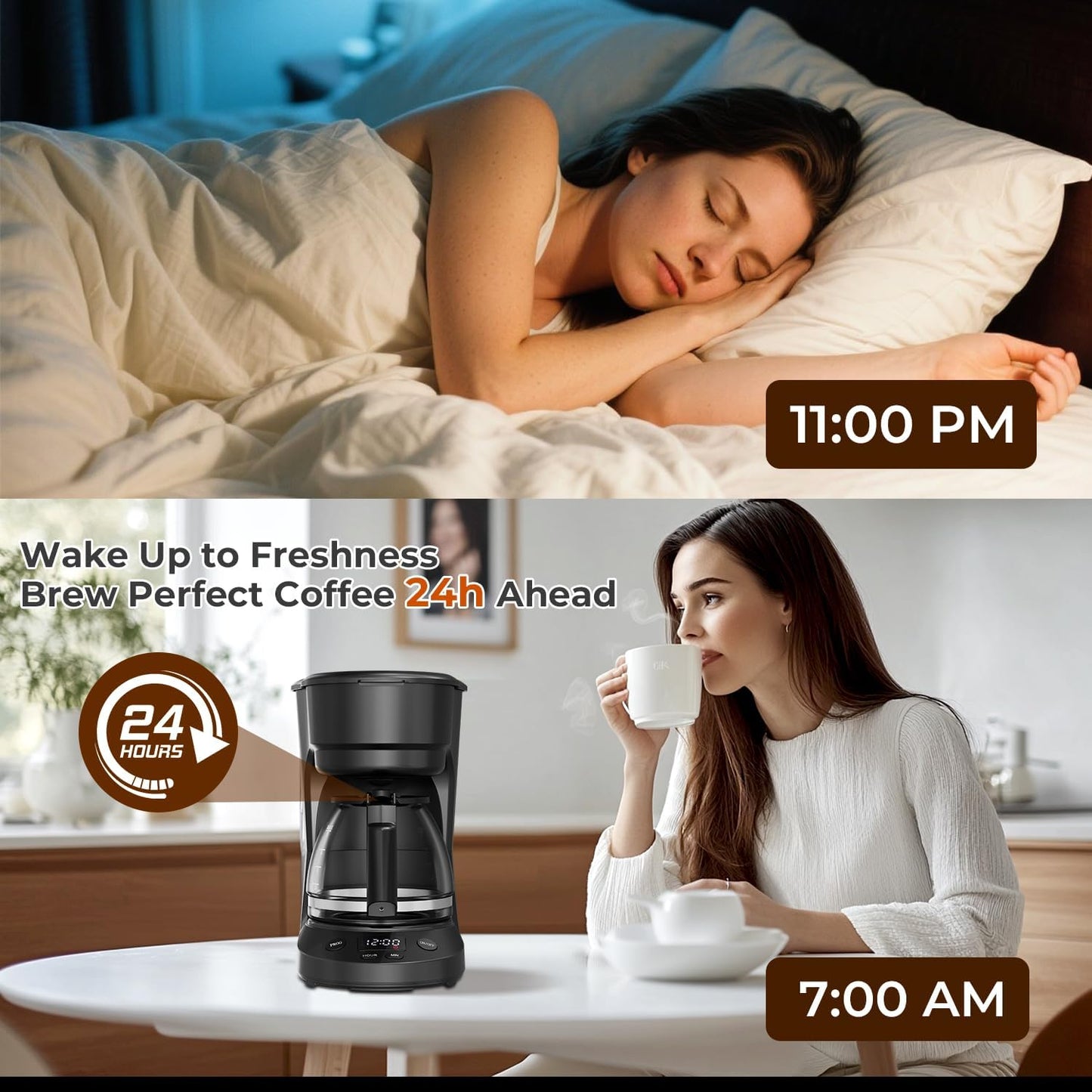 5-Cup Drip Coffee Maker with 24h Programmable Timer, Compact Coffee Machine with Food-grade Glass Carafe, 2h Keep Warm with Auto Shut-off, Delay Brew, 25oz Water Tank, Ideal for Home/Office
