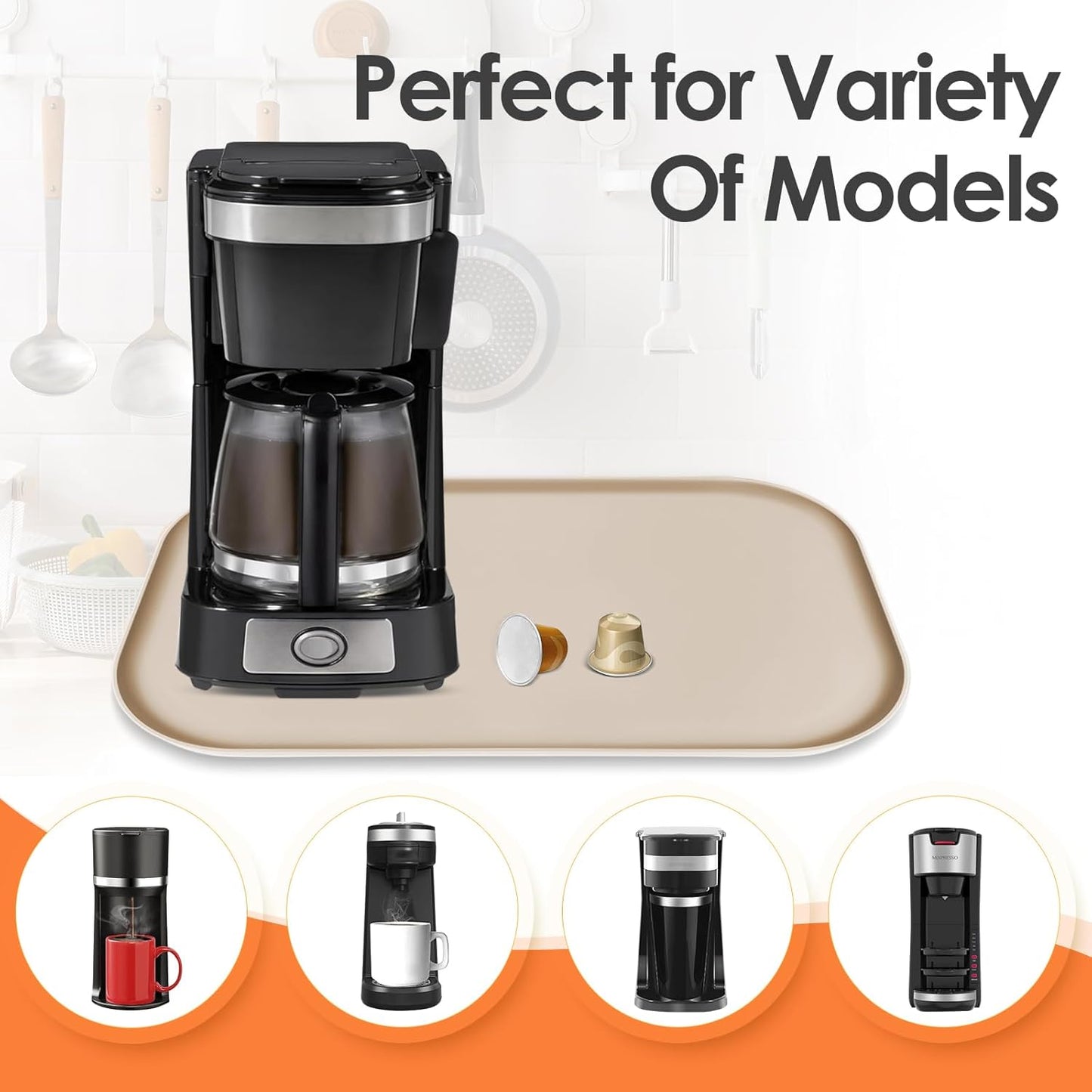 TOHONFOO Silicone Coffee Maker Mat with Lip, 17.4'' x 10.6'' Heavy Duty Coffee Maker Mat for Countertops, Coffee Tray Fit Under Coffee Machine Appliance Automatic Machines Espresso Accessory, Khaki