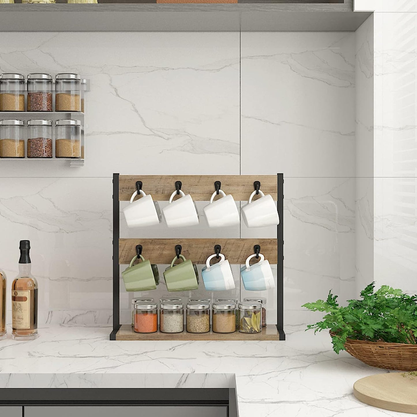 IBUYKE Wood Coffee Mug Holder for Countertop,16 Hook Mug Tree Holder Rack with Storage Base,Mug Display Organizer,Mug Holders for Home Kitchen,Greige UTBJ001Y