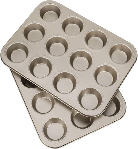 Flexzion Muffin Tray Cupcake Baking Pan 2 Pack, 12-Cup Nonstick Carbon Steel Muffin Tin Non-Stick Cupcake Tin Bakeware Accessories for Baking Cupcake Muffin Brownies Snack, Fridge Safe, Champagne Gold