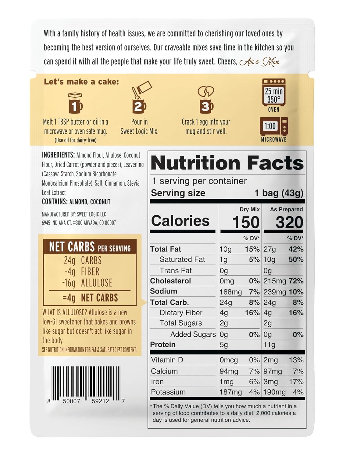 Sweet Logic Keto Dessert Mug Cake Mixes - Carrot Cake - Low Sugar - Gluten-Free - Low Carb - Diabetic-Friendly Sweets - Natural Ingredients - High Protein - Delicious Keto Treats (4 Pack)