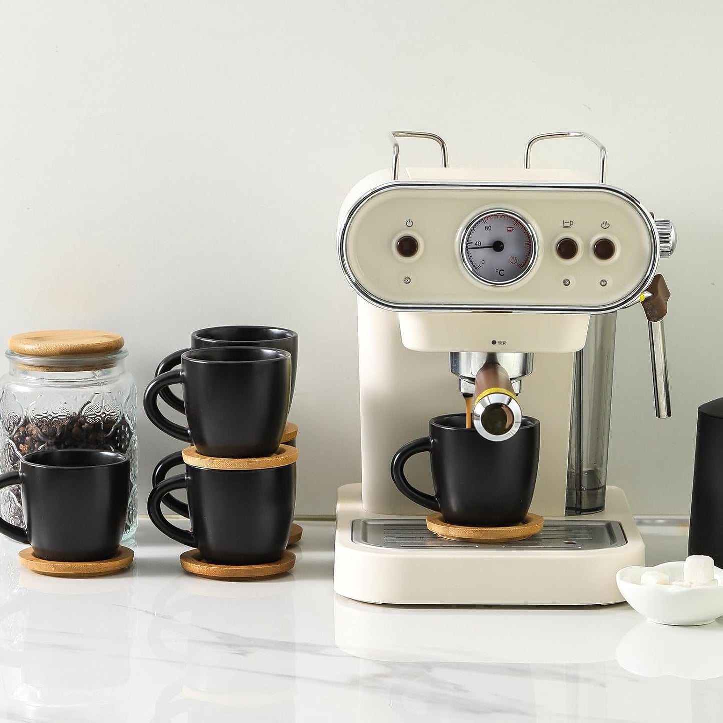 Hasense Porcelain Cappuccino Cups and Saucers Set of 6-6 Ounce Demitasse Espresso Mugs with Handle Perfect for Latte, Cafe Mocha, Double Shot and Tea, Black