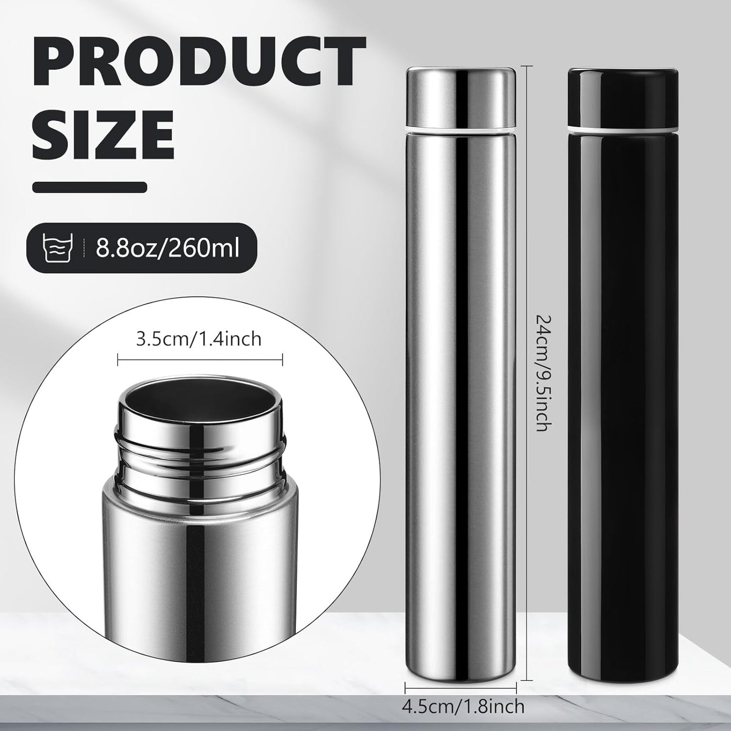 Vesici Slim Water Bottle 8.8 oz Small Stainless Steel Purse Compact Insulated Water Bottles Camping Travel Backpack Pocket Flask for Car Cold Coffee Tea(Silver, Black,2 Pack)