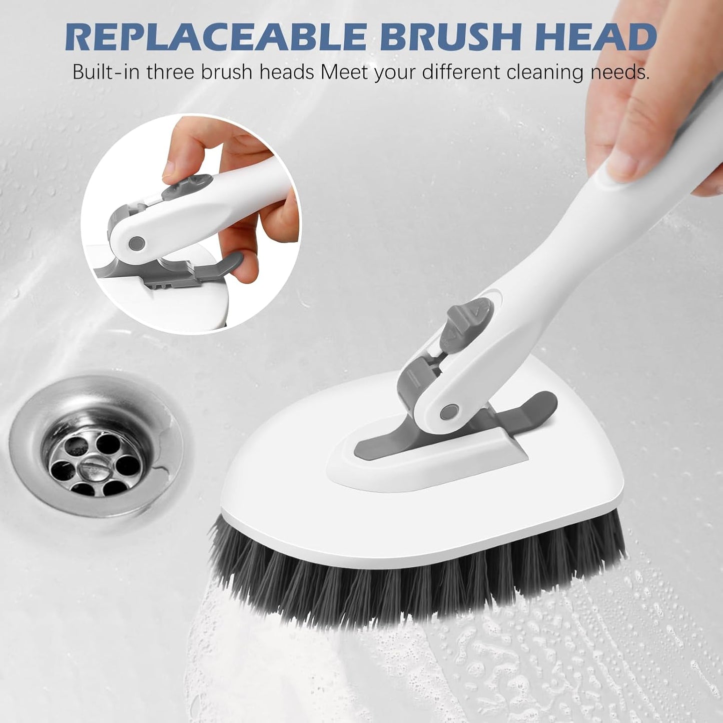 SetSail Floor Scrub Brush, 3-in-1 Tile Tub Floor Scrubber with 52-inch Adjustable Long Handle Shower Cleaner Brush and 4 Detachable Replacement Brush Heads for Cleaning Bathroom Tub Tile, White