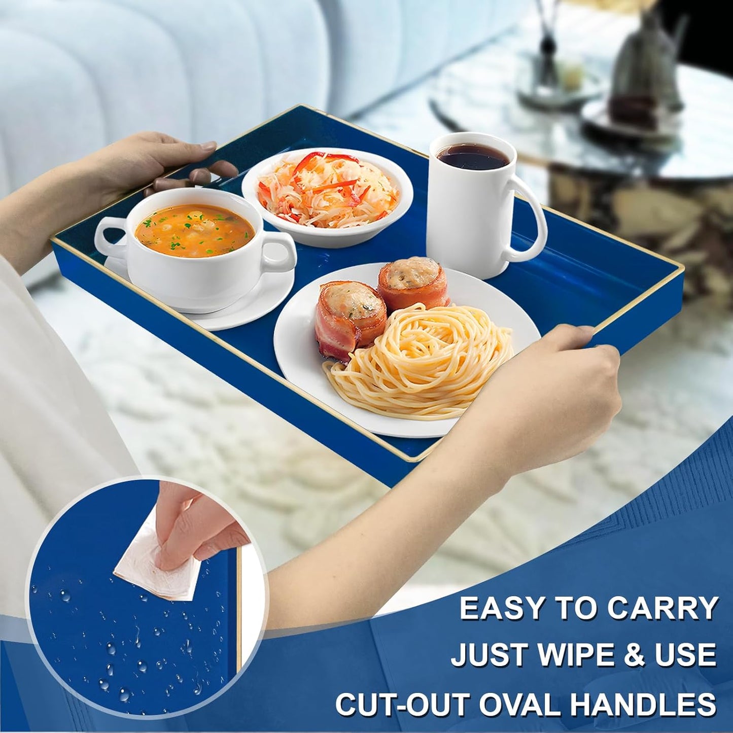 MAONAME Navy Blue Serving Tray with Handles, Modern Decorative Tray for Coffee Table, Plastic Rectangular Tray for Ottoman, Bathroom, Decor, 15.8” x 10.2” x1.4