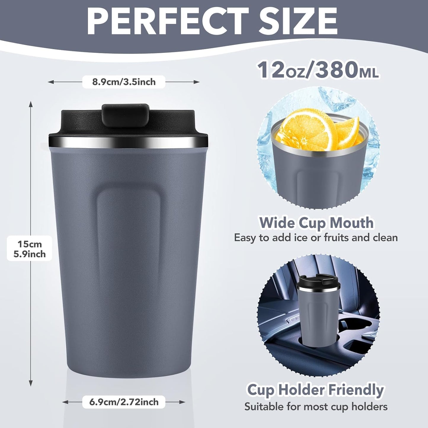 Volhoply 12 oz Double Wall Insulated Vacuum Travel Coffee Mug with Flip Lid,Reusable Stainless Steel Leak Proof Coffee Cup,Portable Iced Cafe Thermal Tumbler Suitable for Hot & Cold Drinks(Gray,1 Set)