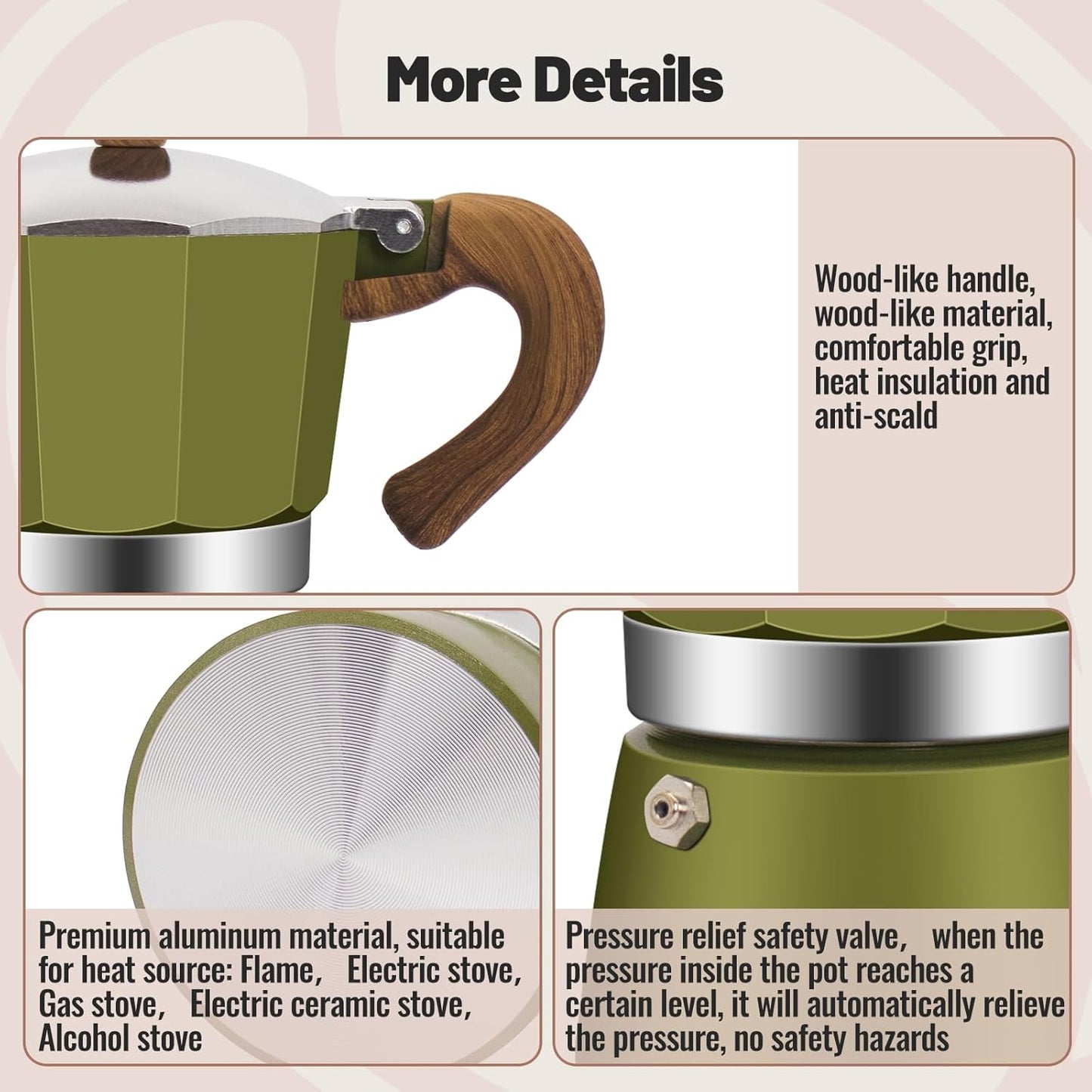 3 Cup Aluminum Moka Pot Classic Stovetop Espresso Coffee Maker 150ml 5oz Coffeemaker Percolator Mocha Pot Greca Coffee Maker Cafe Makers for Italian and Cuban Café Brewing Green